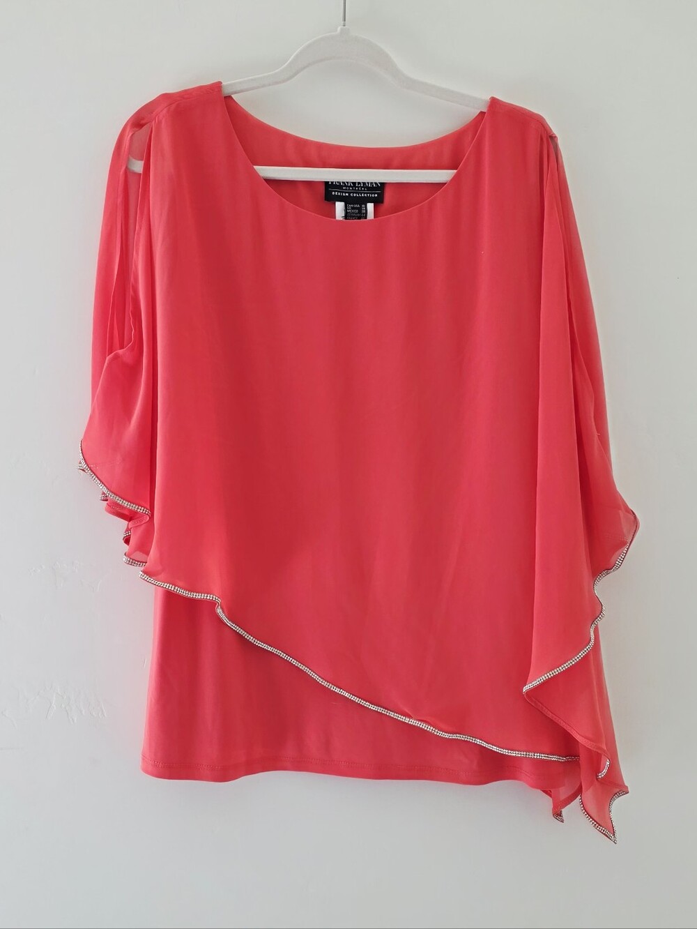 Frank Lyman Coral Chiffon Overlay Embellished Trim Blouse Women's Size 16